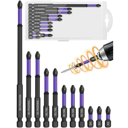 Tomorotec 11PCS Magnetic Phillips Screwdriver Drill Bit Set - Anti-Slip, Shock-Absorbent for Precision & Durability, Compatible with Impact & Electric Screwdrivers, Drills for Everyday Tasks (Purple)