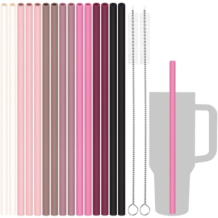 Tomorotec 12.2" Reusable Silicone Drinking Straws 15-Pack with Cleaning Brushes Fit for Stanley Tumblers 40oz 30oz 20oz, Noise-Free BPA-Free Food Grade Silicone for Various Cups (Pink Series)