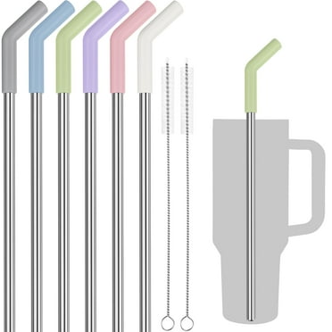 Tomorotec 12-Inch Stainless Steel Straw with Silicone Extender Tip Compatible with Stanley Adventure Quencher 40oz Tumbler 6-Pack w/ 2 Cleaning Brushes, 0.4" Diameter Metal Straws Food Grade Set