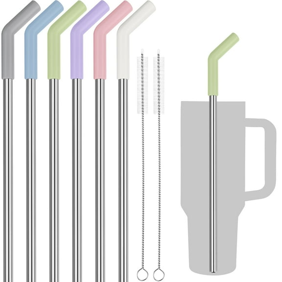 Tomorotec 12-Inch Stainless Steel Straw with Silicone Extender Tip Compatible with Stanley Adventure Quencher 40oz Tumbler 6-Pack w/ 2 Cleaning Brushes, 0.4" Diameter Metal Straws Food Grade Set