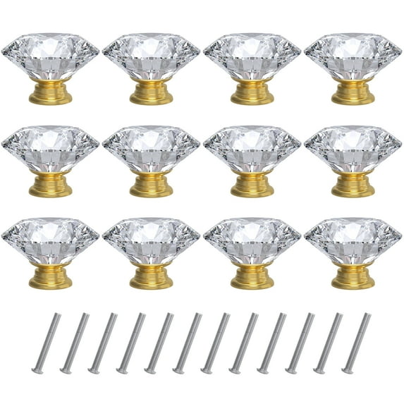 Tomorotec 12-Pack 40mm White Crystal Glass Cabinet Drawer Pull with Gold Base for Modern & Classic Styles, Easy-to-Install Elegant Home Decor Upgrade with Durable Hardware for Vanity, Wardrobe,Desk