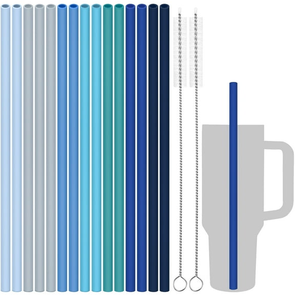 Tomorotec 15-Pack 12" Reusable Silicone Drinking Straws Fit for Stanley Tumblers 20, 30, 40 oz with 2 Cleaning Brushes, BPA-Free Food-Grade Vibrant Colors Flexible Straws for Family Use (Sea Colors)