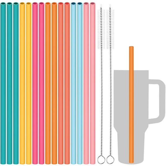 Tomorotec 15-Pack 12" Reusable Silicone Drinking Straws Fit for Stanley Tumblers 20oz, 30oz, 40oz with 2 Cleaning Brushes, BPA-Free Food-Grade Vibrant Colors Flexible Straws for Family Use (Flamingo)