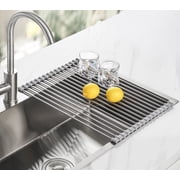 Tomorotec 17.7" x 12.5" Roll Up Dish Drying Rack Over Sink Drying Rack Sink Cover Kitchen Sink Accessories Gadget Multipurpose Organizer Foldable Stainless Steel Drainer