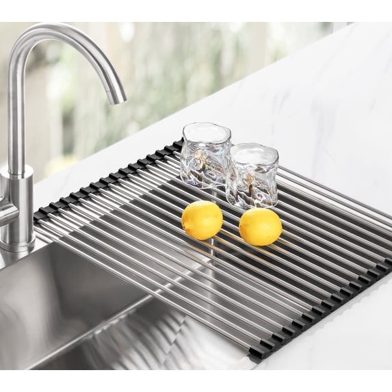 Tomorotec 21" x 15.5" Roll Up Dish Drying Rack Over Sink Drying Rack Sink Cover Kitchen Sink Accessories Gadget Multipurpose Organizer Foldable Stainless Steel Drainer