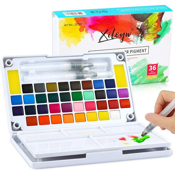 Tomorotec 36 Colors Watercolor Paint Set with Portable Watercolor Palette for Kids Children with Brushes, Refillable Water Blending Brush Pen,Sponges, Eraser, Pencils