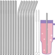 Tomorotec 40oz Metal Straws, 14PCS Stainless Steel Replacement Straws Fit for Stanley 40oz Adventure Quencher Travel Tumblers w/ 2 Cleaning Brushes, Food-Grade, Dishwasher Safe for SmoothiesSilver
