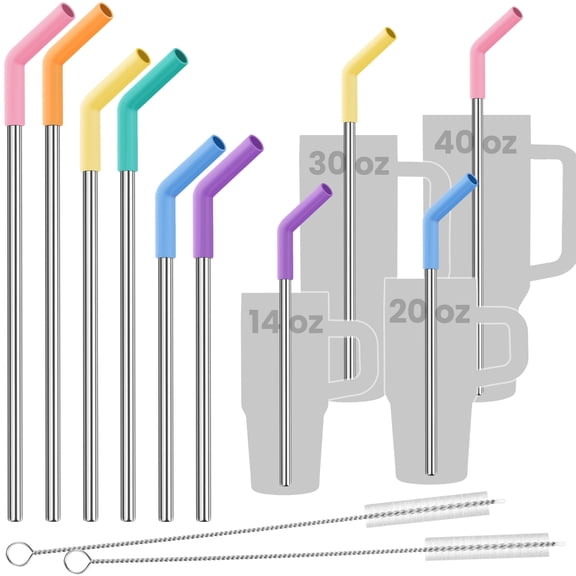 Tomorotec 6-Pack Stainless Steel Reusable Straw with Silicone Tip 3 Sizes, Metal Drinking Straws Fit for Stanley Quencher Tumblers 40oz, 30oz, 20oz, 14oz, Cleaning Brushes Included (Rainbow)
