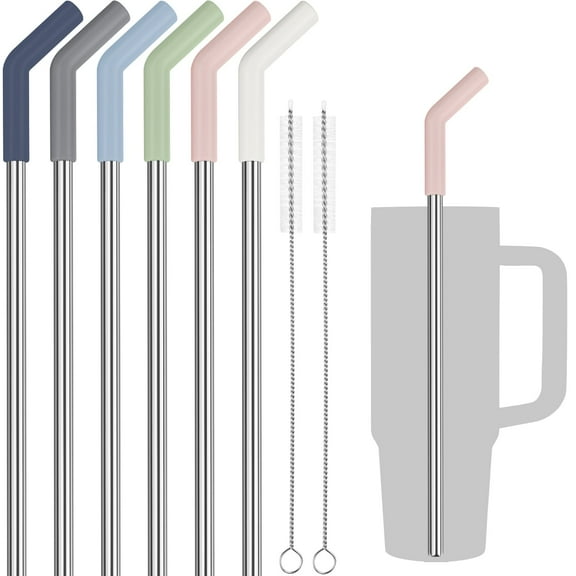 Tomorotec 6PCS Silicone Tip Stainless Steel Straws Compatible with Stanley 30oz Tumblers with 2 Cleaning Brushes, BPA-Free 10" Long  Fit for Adventure Quencher, Enhances Drink Enjoyment (Morandi)