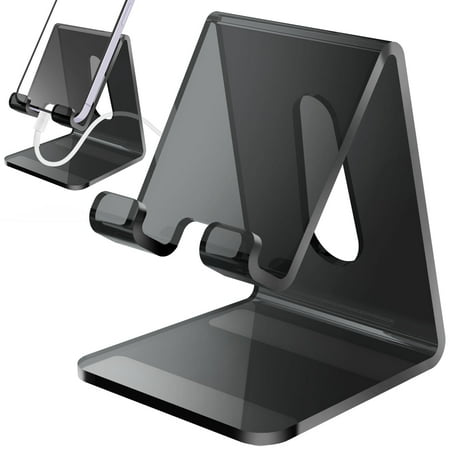 Tomorotec Acrylic Phone Stand with Charging Port Access, Compatible with 4-8 Inch Devices for Gaming, Facetime & Video Viewing, Universal Fit Secure Grip for Office, Kitchen, Bedside Use (Black)