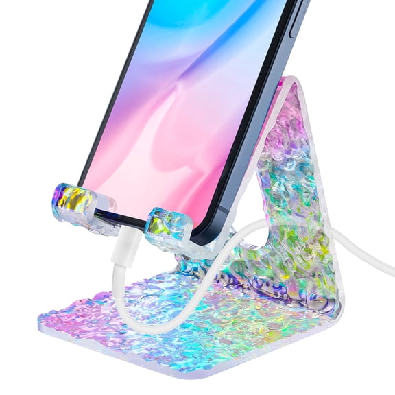 Tomorotec Acrylic Phone Stand with Charging Port Access, Compatible with 4-8 Inch Devices for Gaming, Facetime & Video Viewing, Universal Fit Secure Grip for Office, Kitchen, Bedside Use (Iridescent)