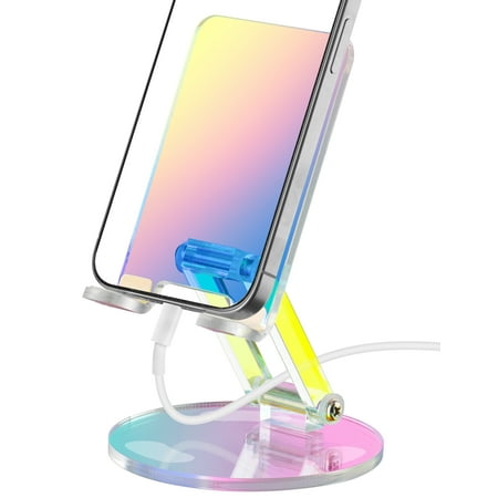 Tomorotec Adjustable Angle Acrylic Cell Phone Stand for Smartphones 4-7 Inch, Universal Desk Secure Grip Holder for Video Calls, Gaming, Video Watching & More, Charging Port Access Design(Iridescent)