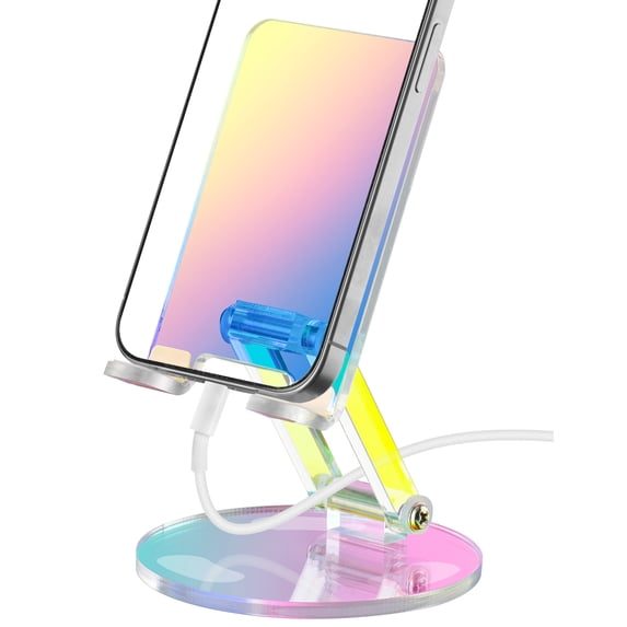 Tomorotec Adjustable Angle Acrylic Cell Phone Stand for Smartphones 4-7 Inch, Universal Desk Secure Grip Holder for Video Calls, Gaming, Video Watching & More, Charging Port Access Design(Iridescent)