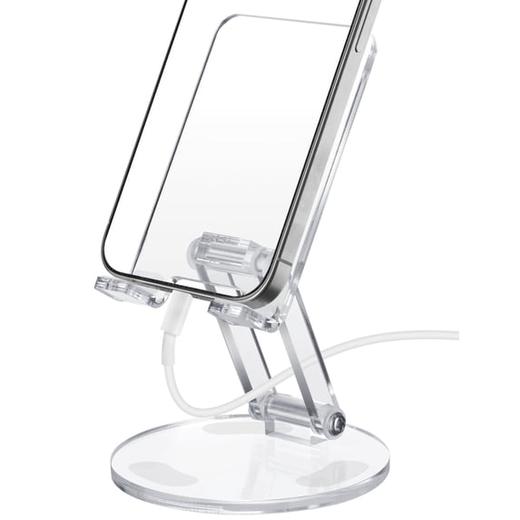 Tomorotec Adjustable Angle Clear Acrylic Cell Phone Stand for Desk, Foldable Acrylic Phone Holder Cute for Office, Portable Non-Slip Desktop Smartphone Holder, Fit for iPhone Samsung Galaxy (Clear)