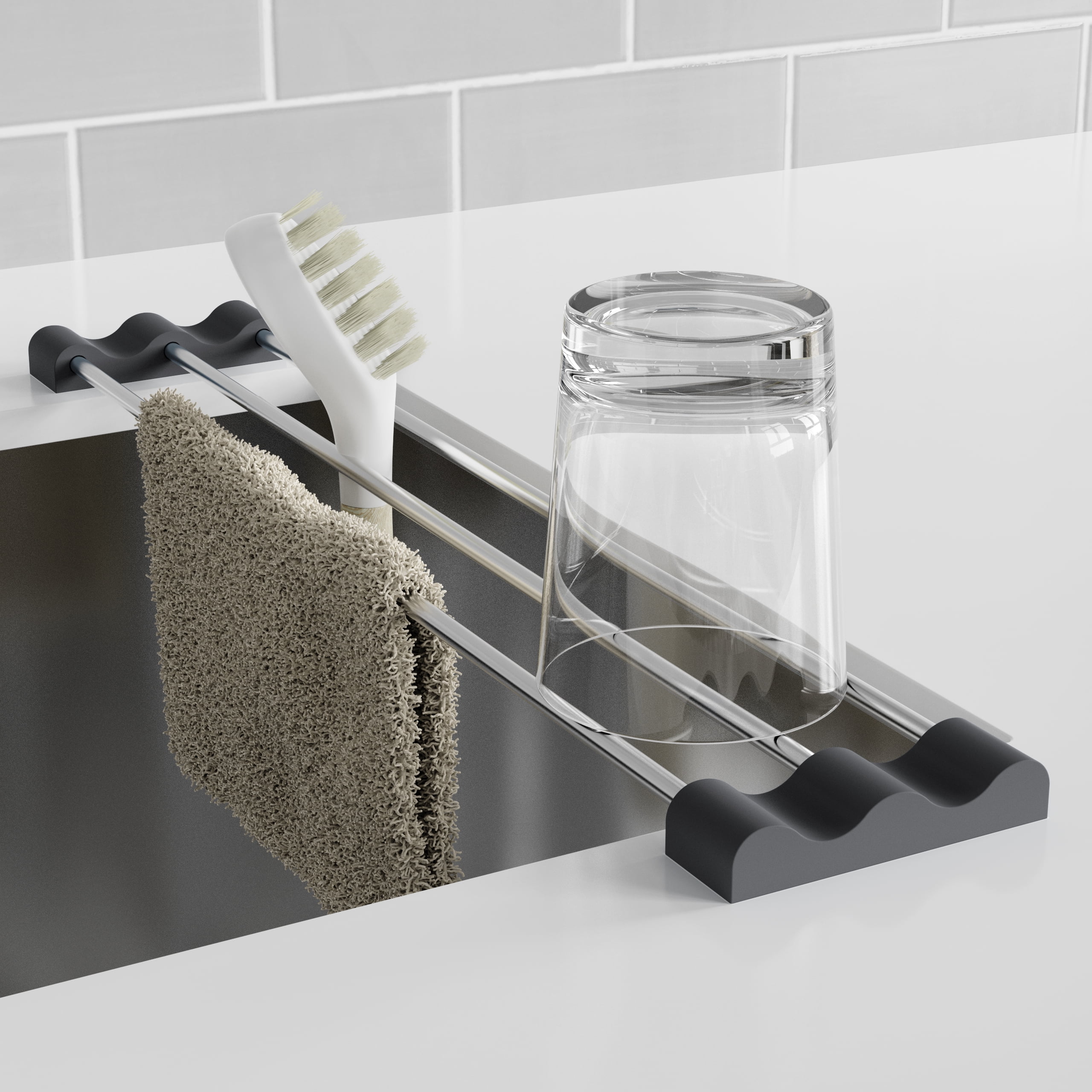 Dual-Bar Kitchen Countertop Dishcloth Drying Rack with 2 Sponge Hooks