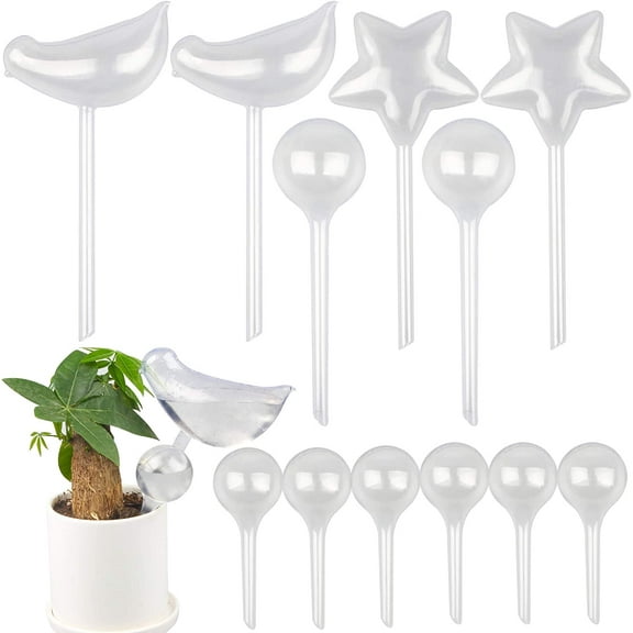 Tomorotec Clear Self-Watering Bulb Set, Transparent Plant Automatic Watering Globes Plastic and Unbreakable, Star, Bird and Round Shape (12 Pcs)