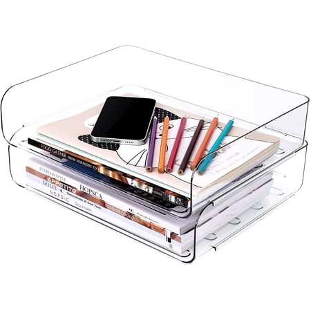 Tomorotec Desk Letter Tray Set, A4 Size Clear PET Stackable Document Organizer Office Desktop File Paper Holder Book Storage Rack Side Load Anti-Skid Stacking Support Convex Bottom(2X Landscape)