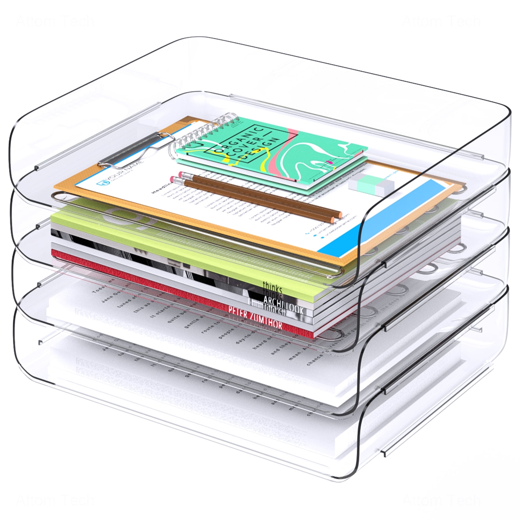 Tomorotec Desk Letter Tray Set, A4 Size Clear PET Stackable Document Organizer Office Desktop File Paper Holder Book Storage Rack Side Load Anti-Skid Stacking Support Convex Bottom (4X Landscape)