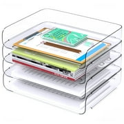 Tomorotec Desk Letter Tray Set, A4 Size Clear PET Stackable Document Organizer Office Desktop File Paper Holder Book Storage Rack Side Load Anti-Skid Stacking Support Convex Bottom 4X Landscape