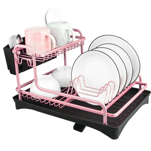 Tomorotec Never Rust Aluminum Dish Rack and Drain Board with Utensil Holder, 2-Tier Pink Kitchen Plate Cup Dish Drying Rack Tray Cutlery Dish Drainer