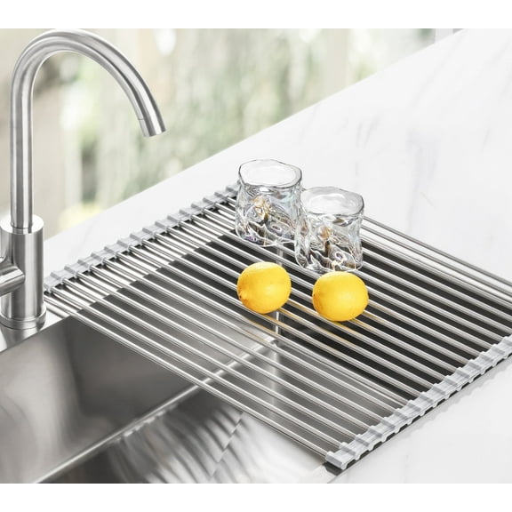 Tomorotec Stainless Steel Roll-Up Dish Drying Rack Marble Color Silicone Edges, Foldable Kitchen Rack Heat Resistant Trivet Supports up to 70 lbs, Food Safe for Dishes, Cookware & More (17.7"x12.5")