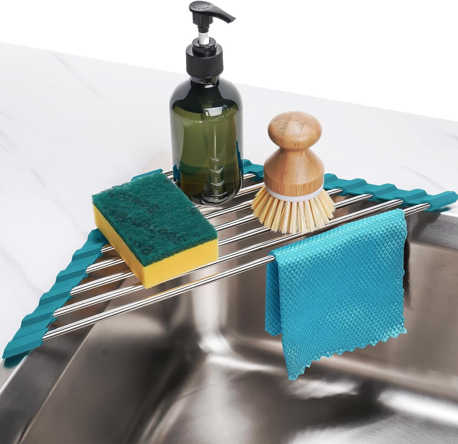 Tomorotec Triangle Roll-Up Dish Drying Rack for Sink Corner Small Foldable Stainless Steel Over The Sink Multipurpose Kitchen Drainer Caddy Organizer Storage Shelf Holder (Dark Green)