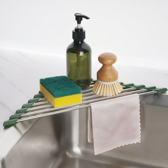 Tomorotec Triangle Roll-Up Dish Drying Rack for Sink Corner Small Foldable Stainless Steel Over The Sink Multipurpose Kitchen Drainer Caddy Organizer Storage Space Saver Shelf Holder (Olive Green)