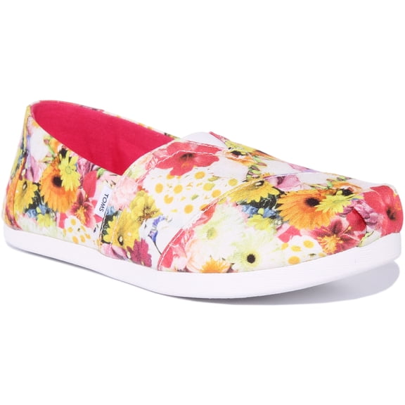 Toms Alpargata Women's Floral Print Textile Slip On Trainers In White Size 5.5