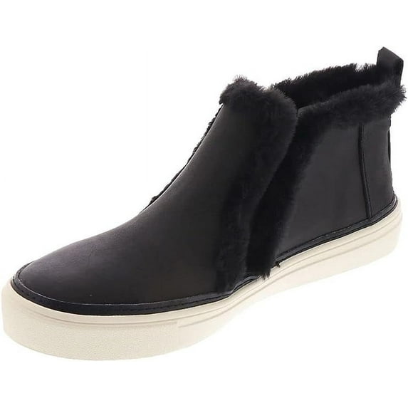 Toms Bryce Black Leather/Faux Fur Pull On Rounded Toe Elastic Fashion Sneakers (Black Leather/Faux Fur, 12)