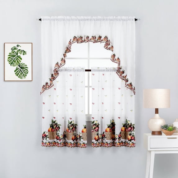 3 Piece Printed Kitchen Window Curtain Panel Tiers and Swag Valance Set