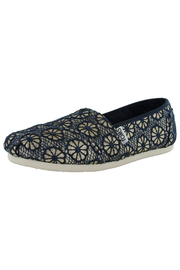 Womens Crochet Glitter Slip On Alpargata Flat Shoe, Gold Navy, US 5.5