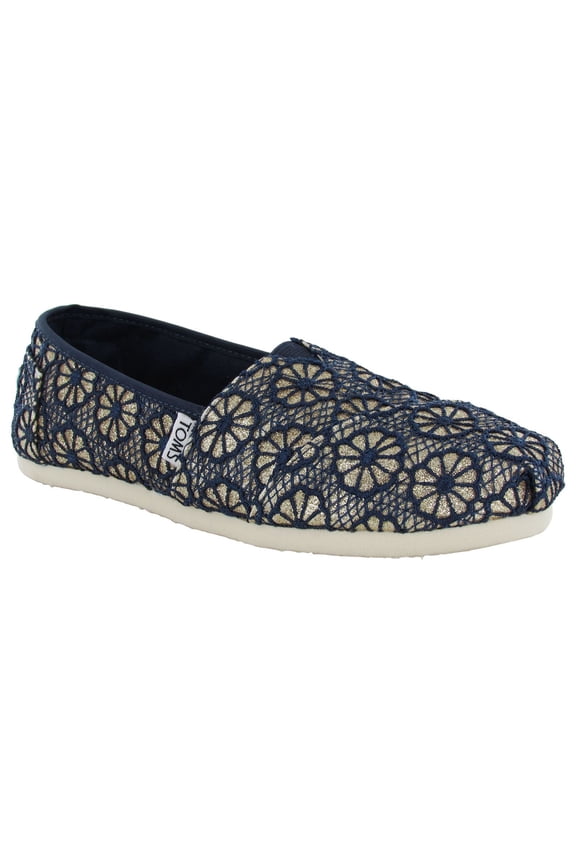 Womens Crochet Glitter Slip On Alpargata Flat Shoe, Gold Navy, US 5