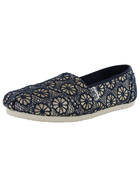 Womens Crochet Glitter Slip On Alpargata Flat Shoe, Gold Navy, US 6