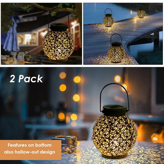 Tomshine 2pcs Outdoor Solar Lantern Light Hollowed-out Design Metal Hanging LED Lights Sensitive Lighting Control Lamp IP44 Water Resistant for Patio Balcony Garden