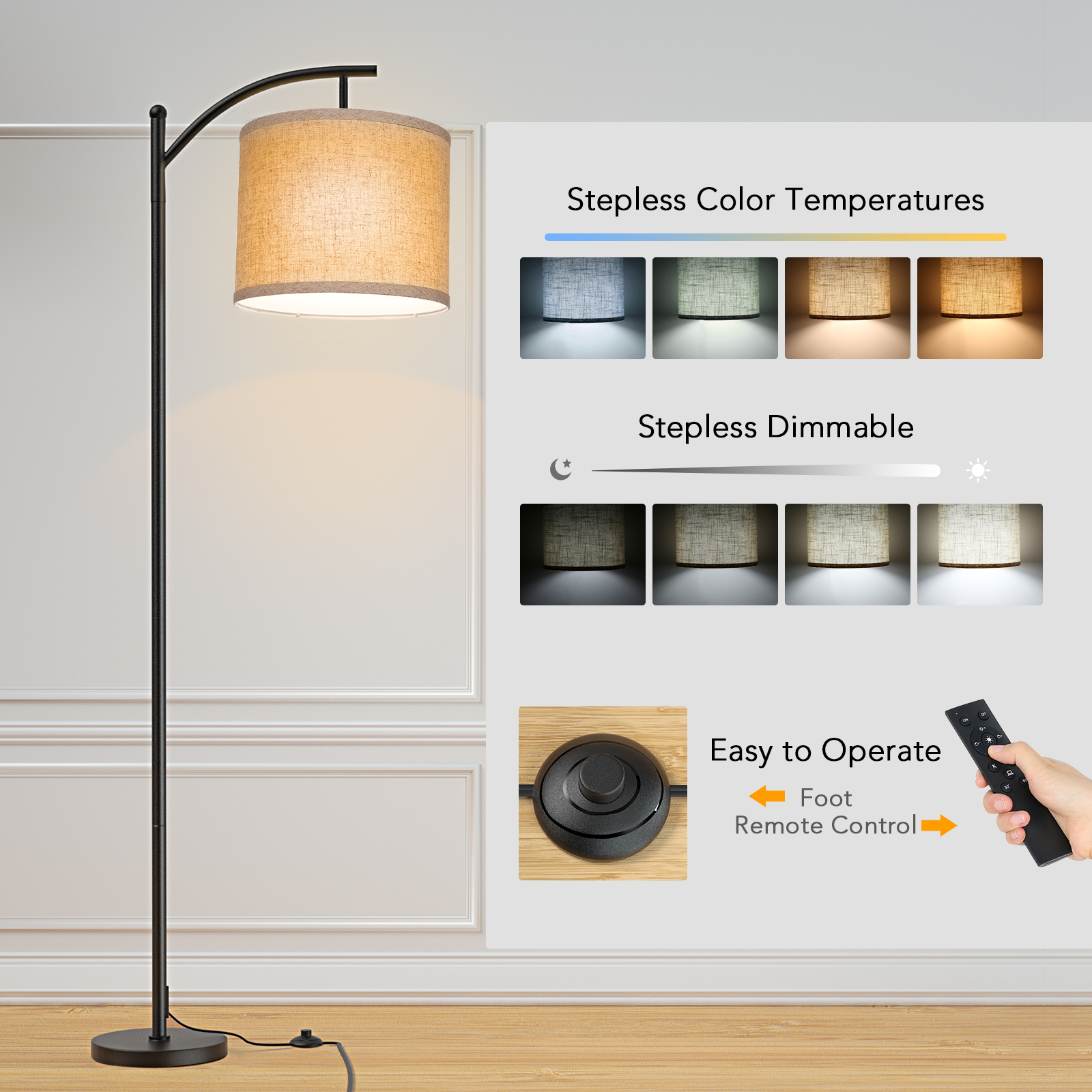 Tomshine Neoglint Arc Floor Lamp Remote Control & Pulling Switch 9W
