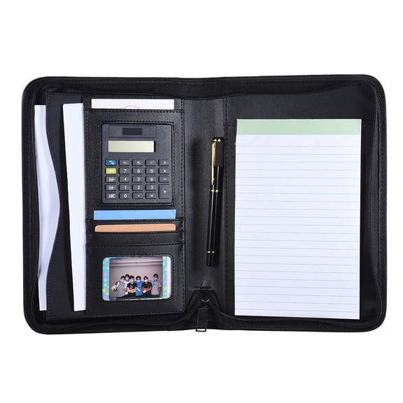 Tomshoo Portable Professional Business Portfolio Padfolio Folder Document Case Organizer A5 PU Leather Zippered Closure with Calculator Holder Memo Note Writing Pad