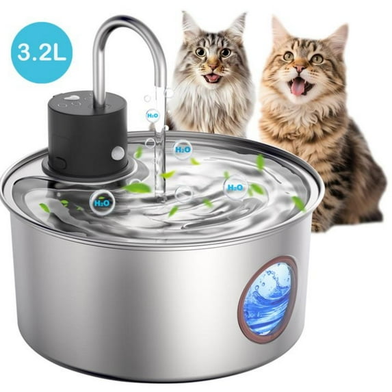 Tomxcute 108oz/3.2L Wireless Cat Water Fountain, Cordless Stainless Steel Cat Drinking Fountain, Rechargeable Fountain with Sensor Timer for Cats