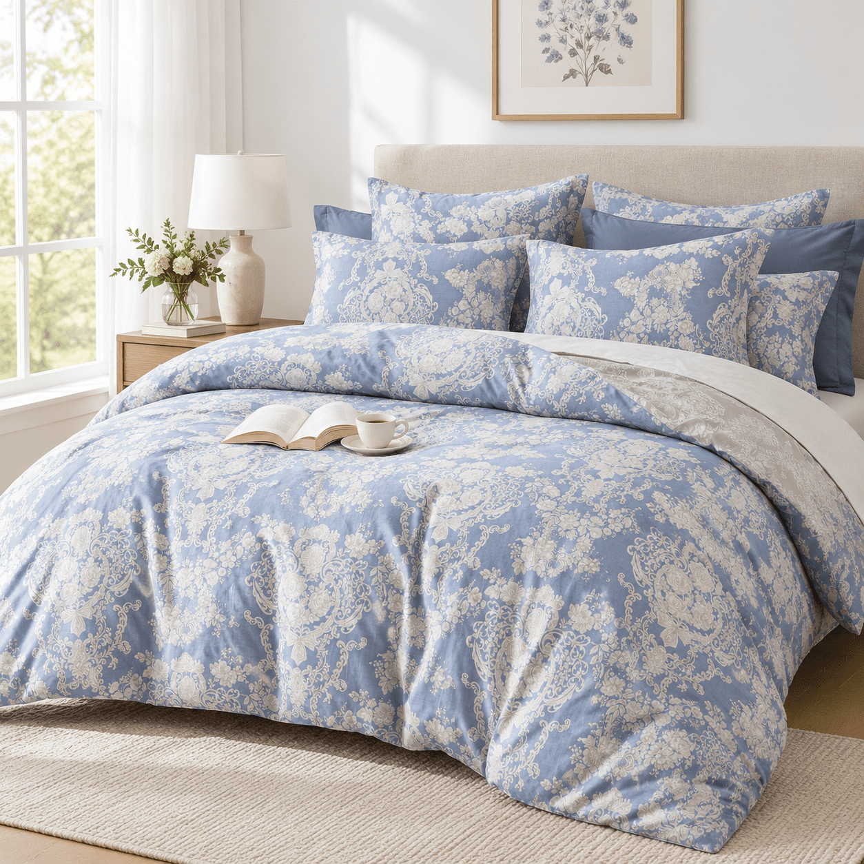 Grey Pattern Cover Ton 3flduvet Cover Sets-grayish Blue With Luxuriobeige Damask Pattern ...