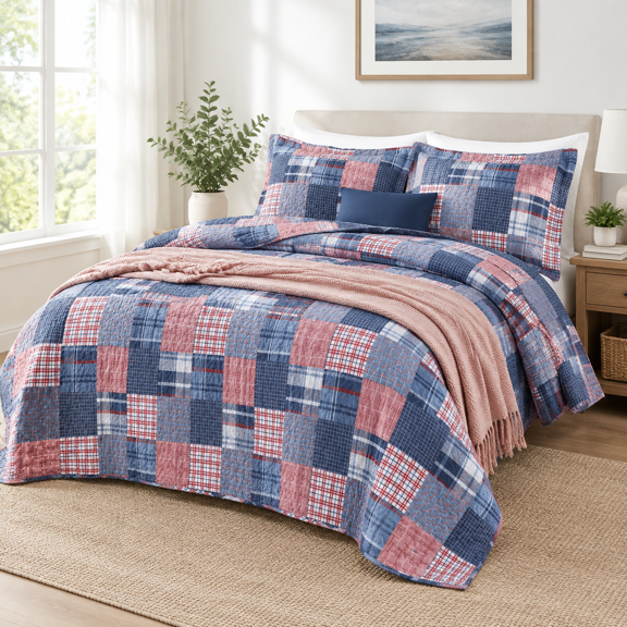 Ton Bedding Quilt Sets Queen Size Soft Reversible Coverlet All Season Blue Bedspread Houndstooth Plaid Pattern 90 X 98 Inch