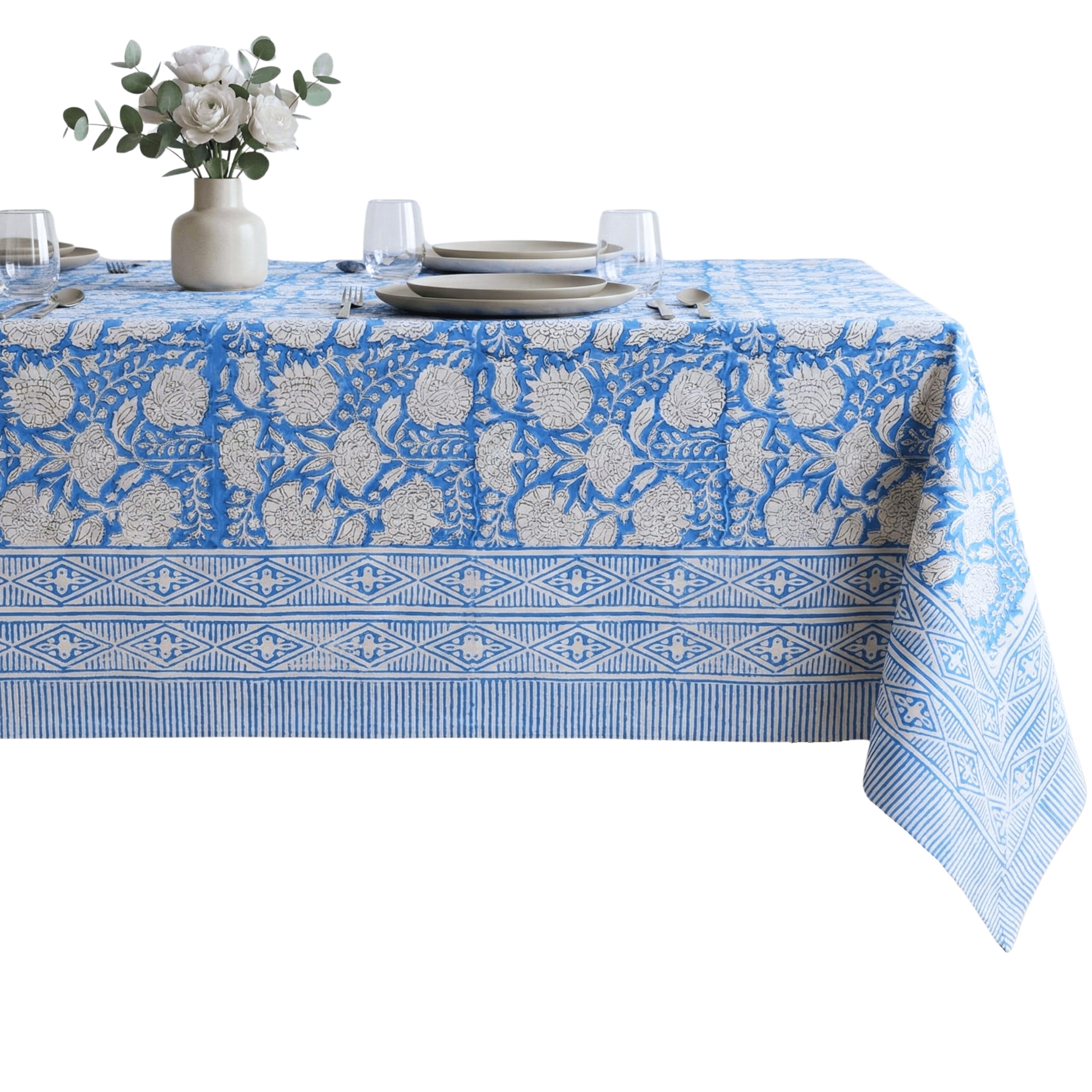 Ton Blockprint Square Table Cloth Azora Blue 60