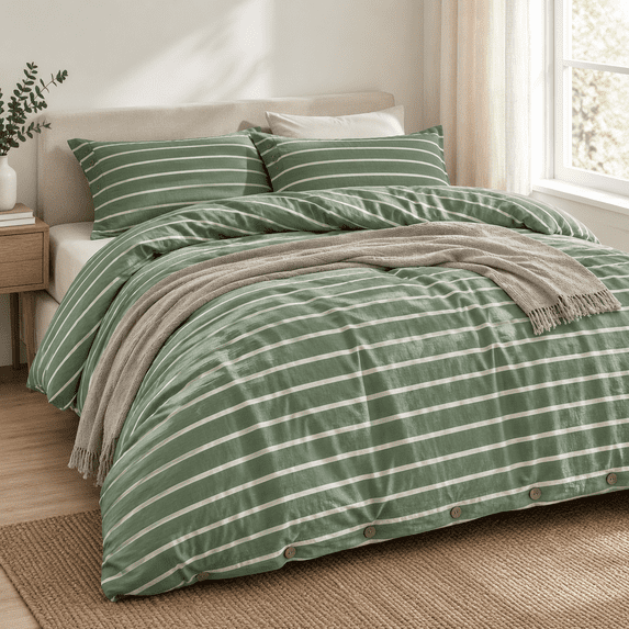 Solid Images Ton Duvet Cover King Size - Green Stripedforter Withon Washed ...