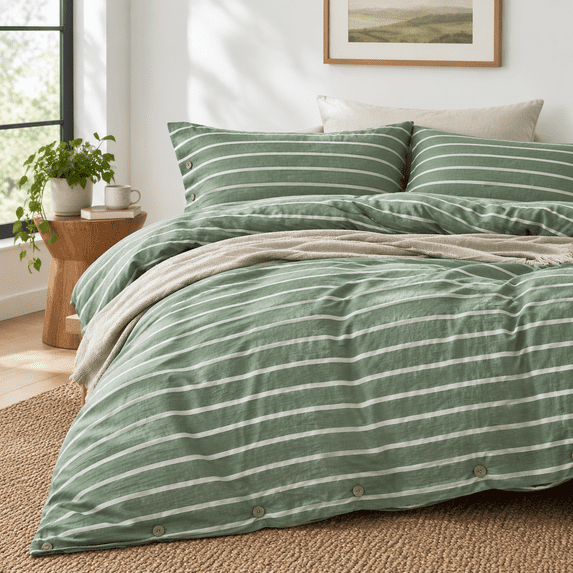 Solid Images Ton Duvet Cover Queen Size - Green Stripedforter Withon Washed ...