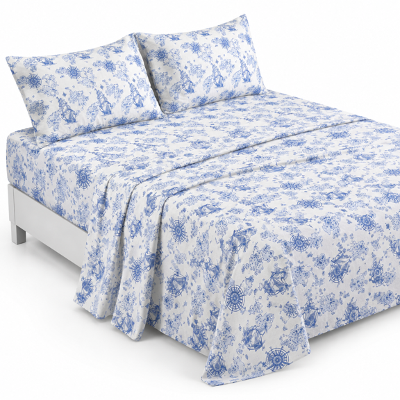 Ton Nautical Sheet Set Queen - Blue & White Sailing Sbed Sheets Vintmaritime Map Print Soft Breathable Deep Pocket Bedding 4 Piec