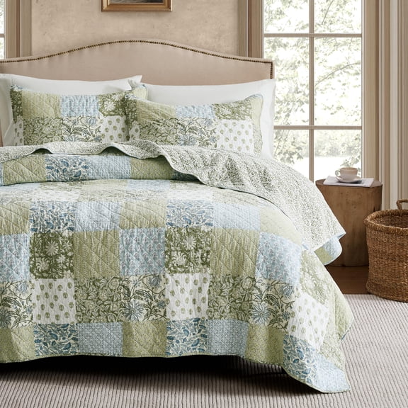 Ton Reversible Patchwork Quilt Queen Size Lightweight Farmhouse Vintshabby Chic Bedding Set With 2ow Shams Green Flprinted Pattern Bedspread Coverlet For All Seasons
