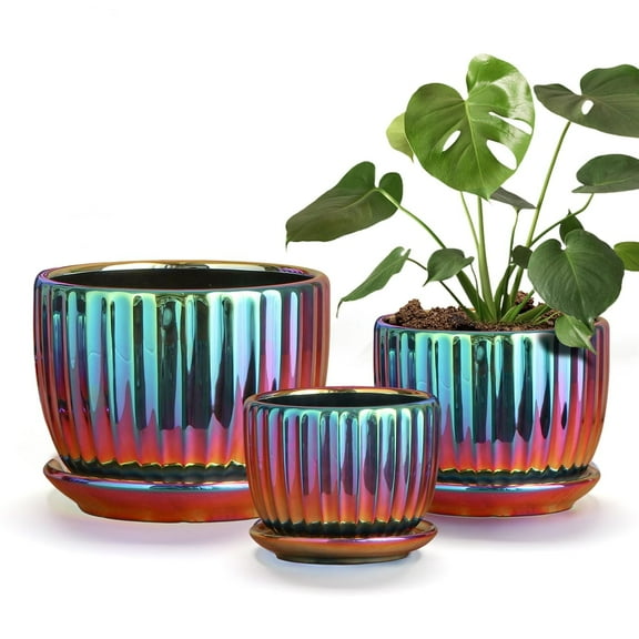 Ton Sin Flower Pots, Purple Ceramic Plant Pots Set of 3,Small Glazed Succulent Pots with Drainage Hole,Cactus Planter with Saucer,Outdoor Garden Pots (Colorful Gold) C33