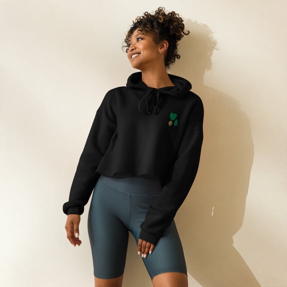Tonal Chenille Patch Hearts Crop Hoodie (Black, S)