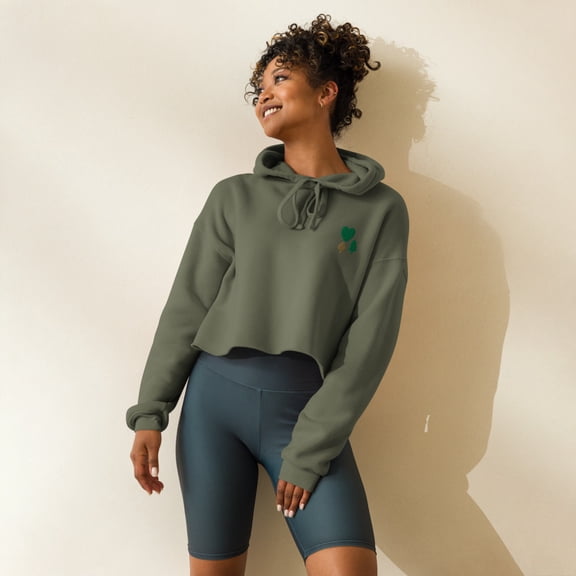 Tonal Chenille Patch Hearts Crop Hoodie (Military Green, L)