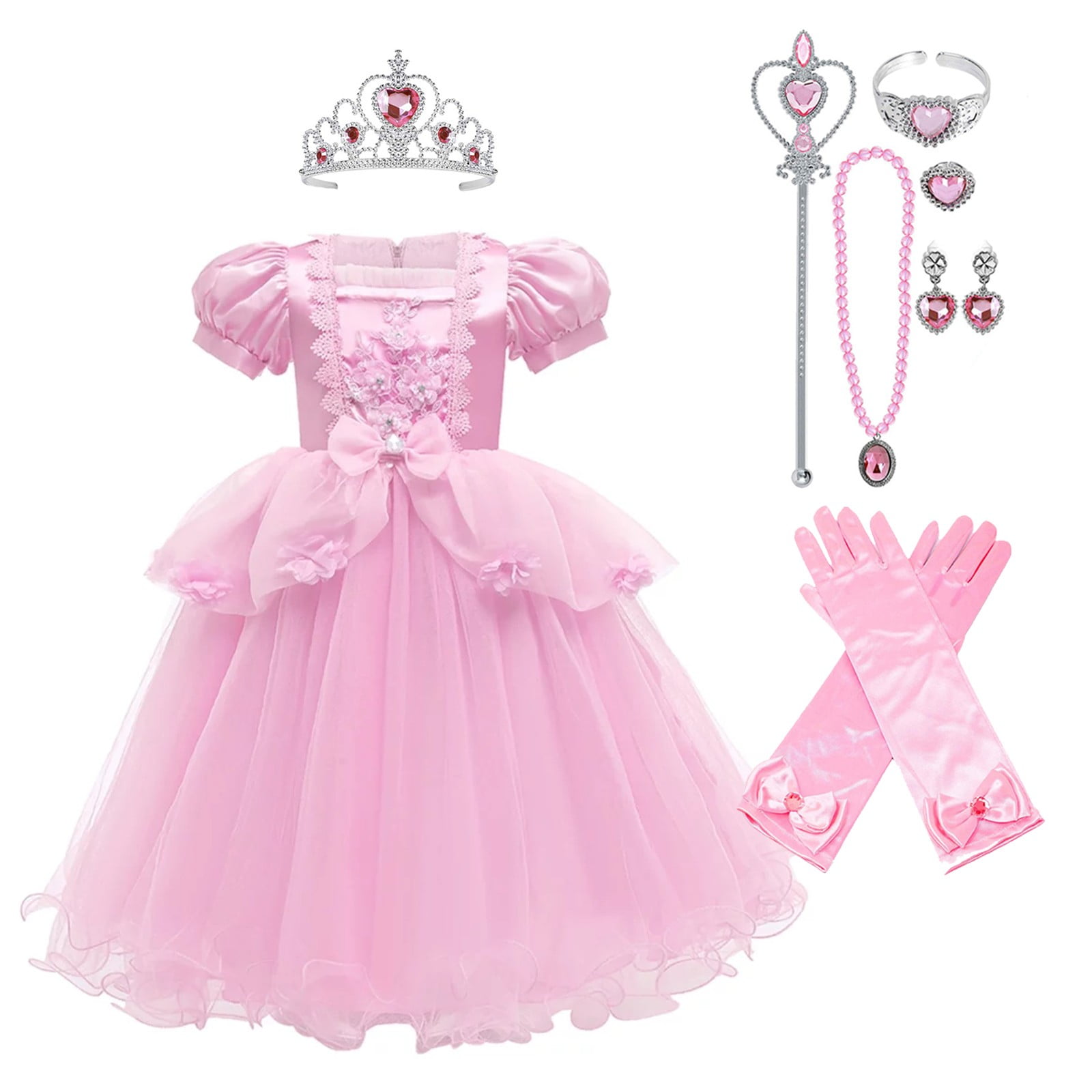 Girls Cinderella Princess Costume Dress - Long Sleeve Fancy Party Outfit For Halloween, Birthday, Christmas & Pageants - Polyester & Tulle, Puffy Sleeves, Back Zipper, Ages 3-15 Years