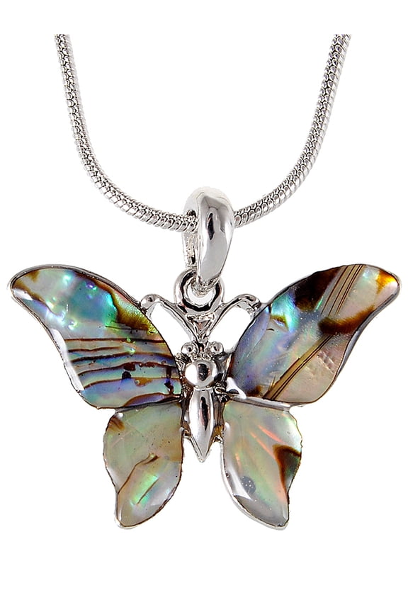 Tone Abalone Colored Stone Butterfly Insect Wings Pendant Necklace