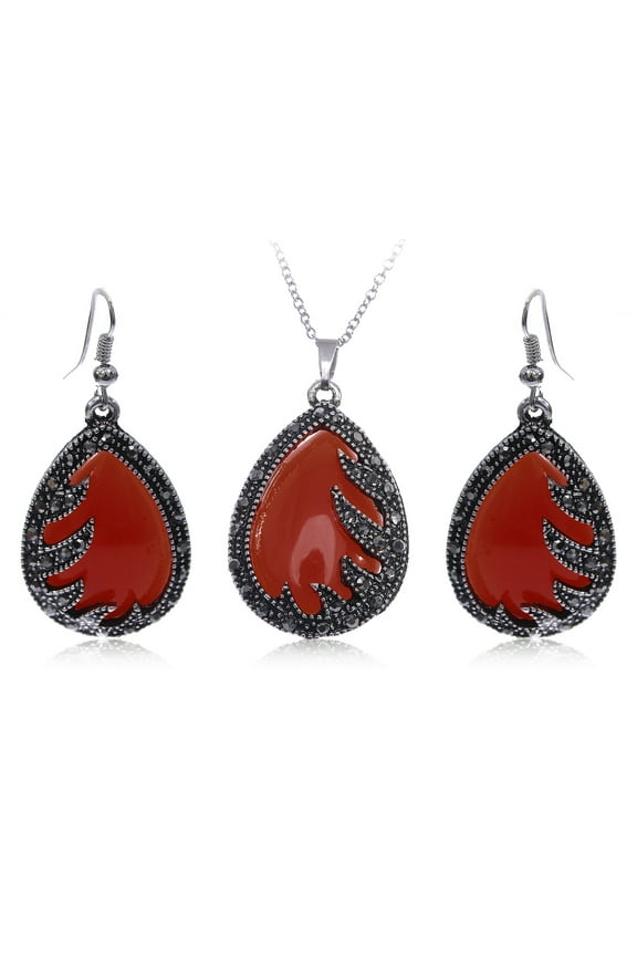 Tone Gunmetal Faux Ruby Great Gatsby Flapper Stone Pendant Necklace Earring Set